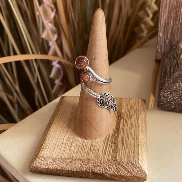 Sunstone Adjustable Sterling Silver Leaf Ring 6 - Picture 1 of 4
